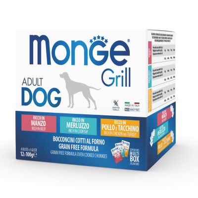 Monge Grill Multipack Poulet et Dinde, Bœuf, Cabillaud 12 x 100 Grs
